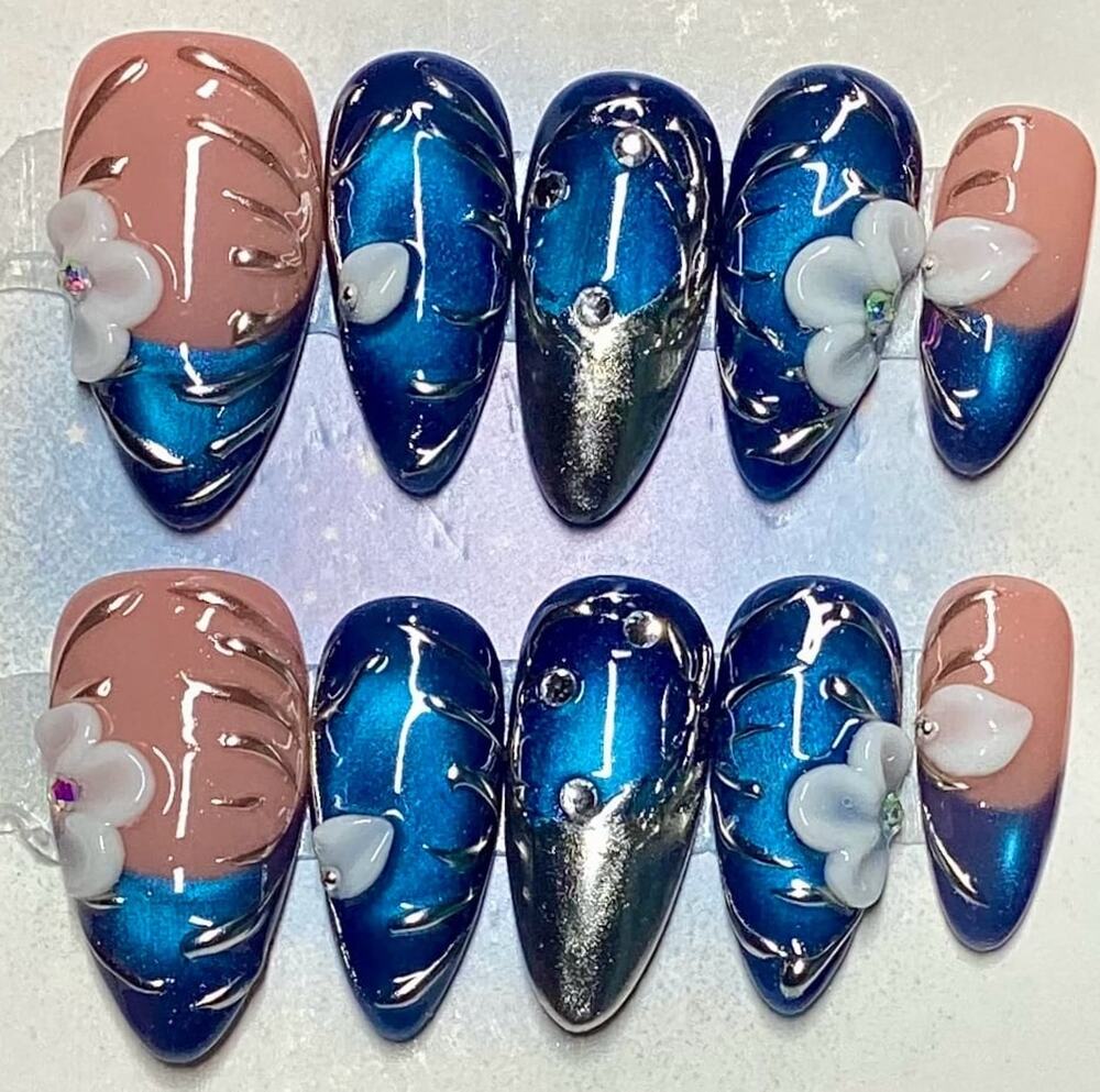 3D Flower Sapphire Blue Cat Eye Silver Chrome Almond Press On Nails Medium